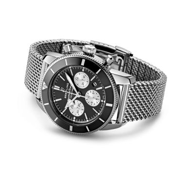 Breitling Superocean Heritage II B01 automatic chronograph watch black dial Milanese mesh bracelet 44 mm