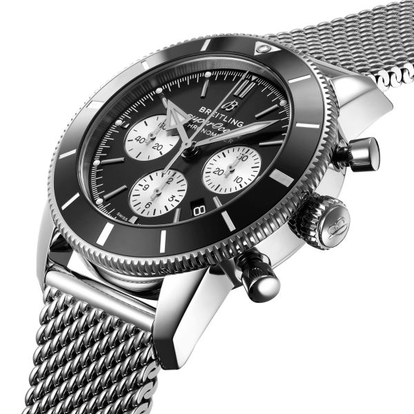 Breitling Superocean Heritage II B01 automatic chronograph watch black dial Milanese mesh bracelet 44 mm