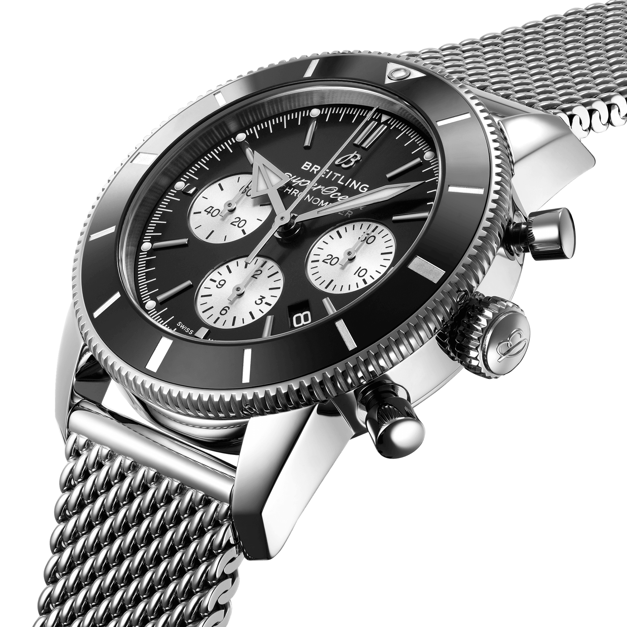 Breitling Superocean Heritage II B01 automatic chronograph watch black dial Milanese mesh bracelet 44 mm