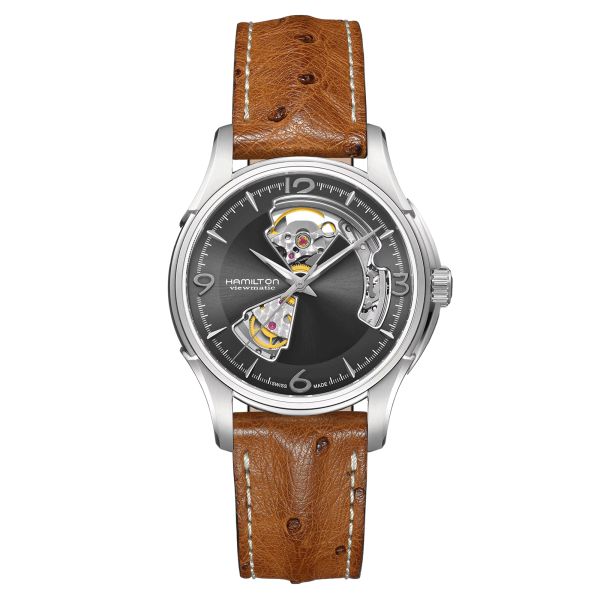 Montre Hamilton Jazzmaster Open Heart cadran gris ardoise bracelet cuir d'autruche 40 mm H32565585