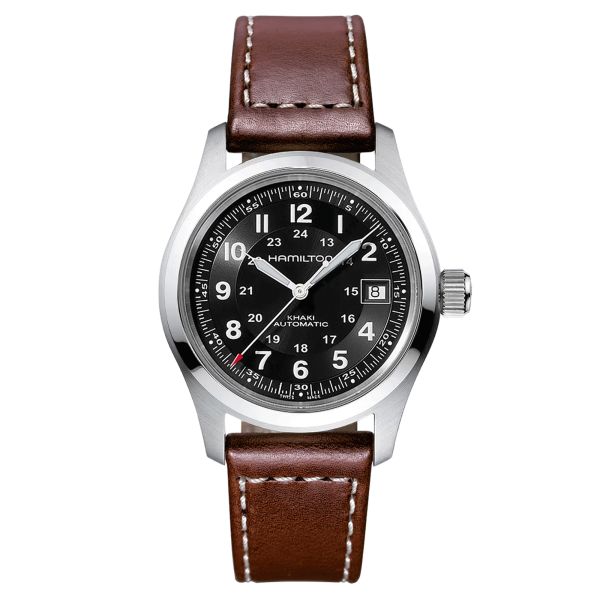 Hamilton Khaki Field automatic watch black dial brown leather strap 38 mm