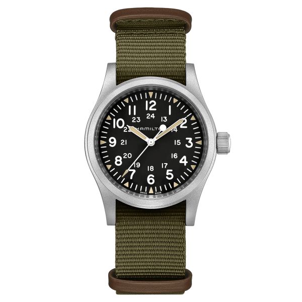 Montre Hamilton Khaki Field mécanique cadran noir bracelet NATO kaki 38 mm H69439931