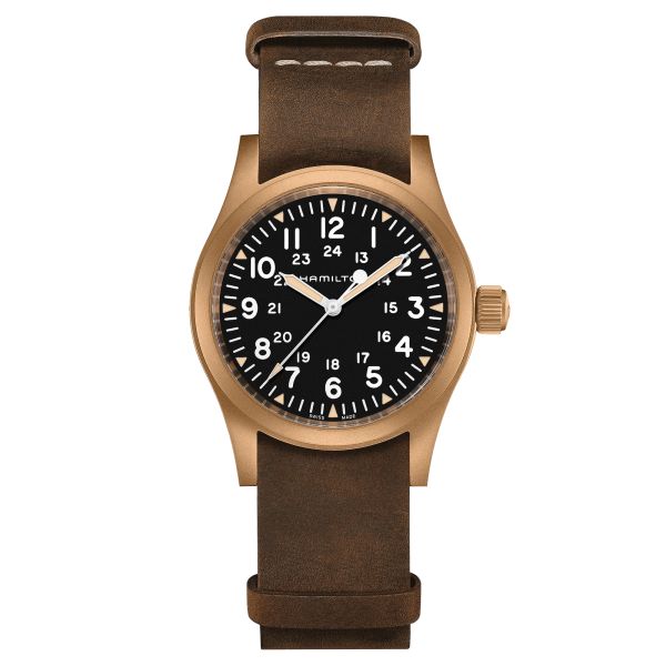 Montre Hamilton Khaki Field Bronze mécanique cadran noir bracelet nato brun 38 mm H69459530