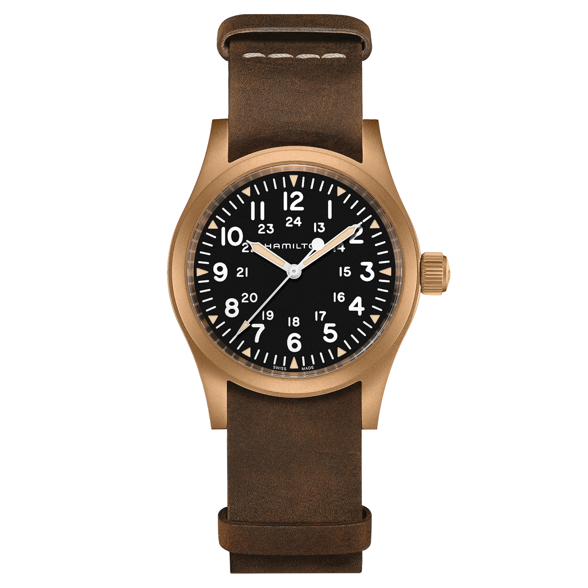 Hamilton Khaki Field Bronze mechanical watch black dial brown nato strap 38 mm