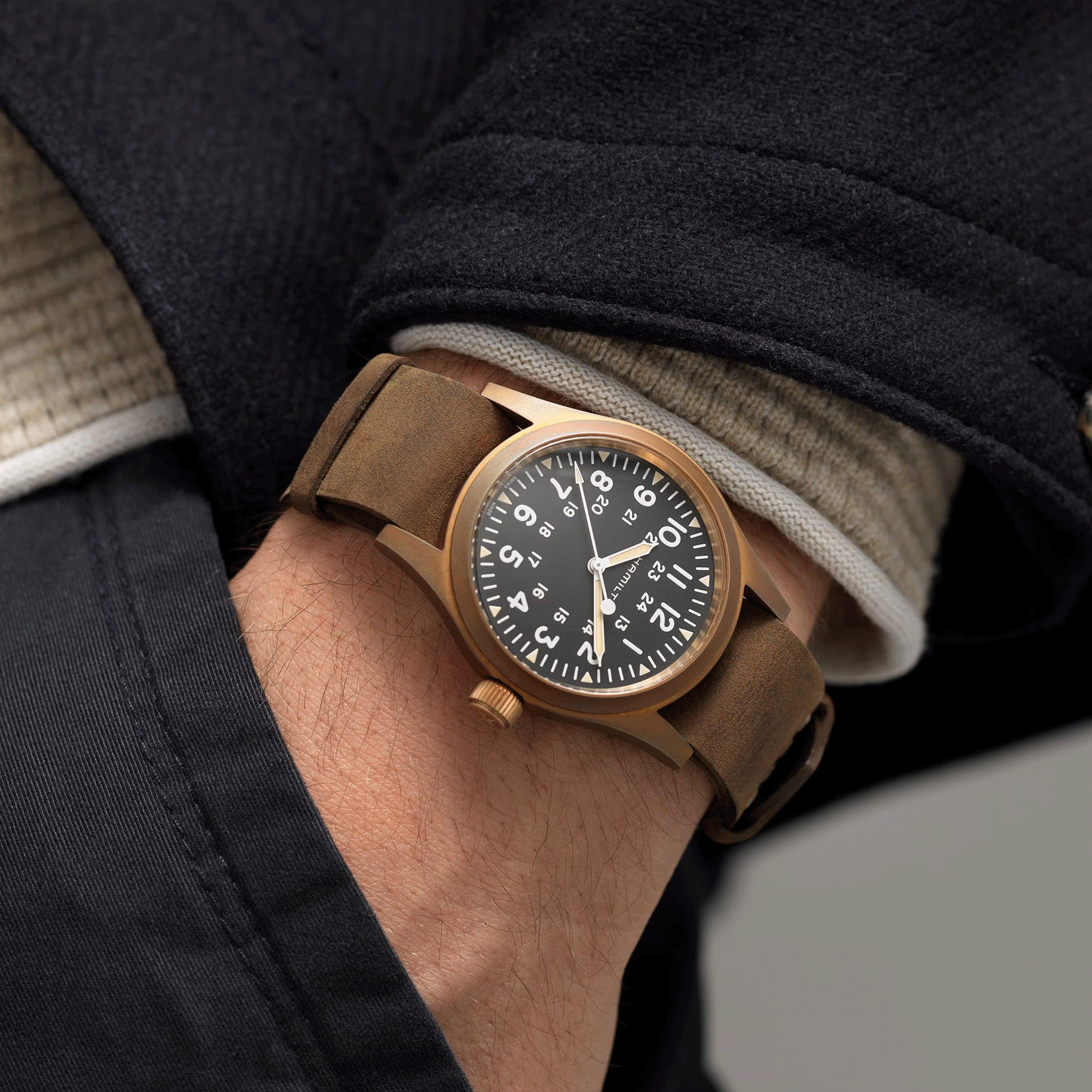 Hamilton Khaki Field Bronze mechanical watch black dial brown nato strap 38 mm