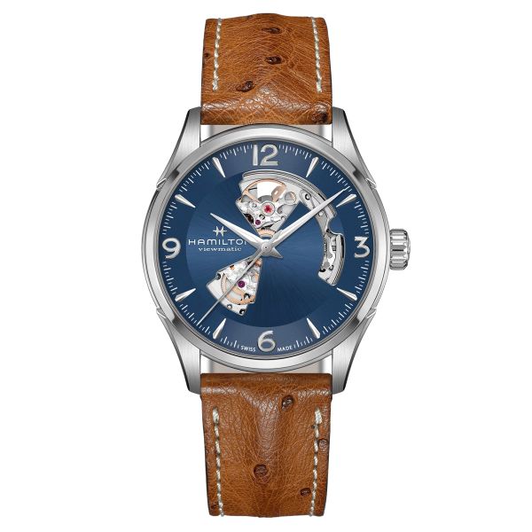 Montre Hamilton Jazzmaster Open Heart automatique cadran bleu bracelet cuir marron 42 mm H32705041