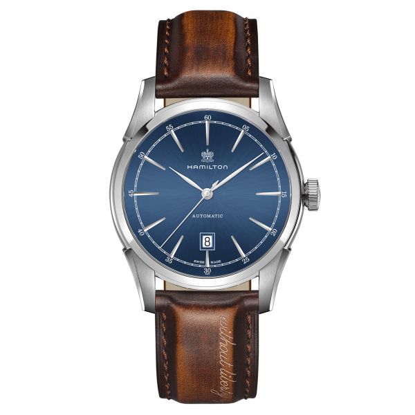 Hamilton American Classic automatic watch blue dial brown leather strap 42 mm