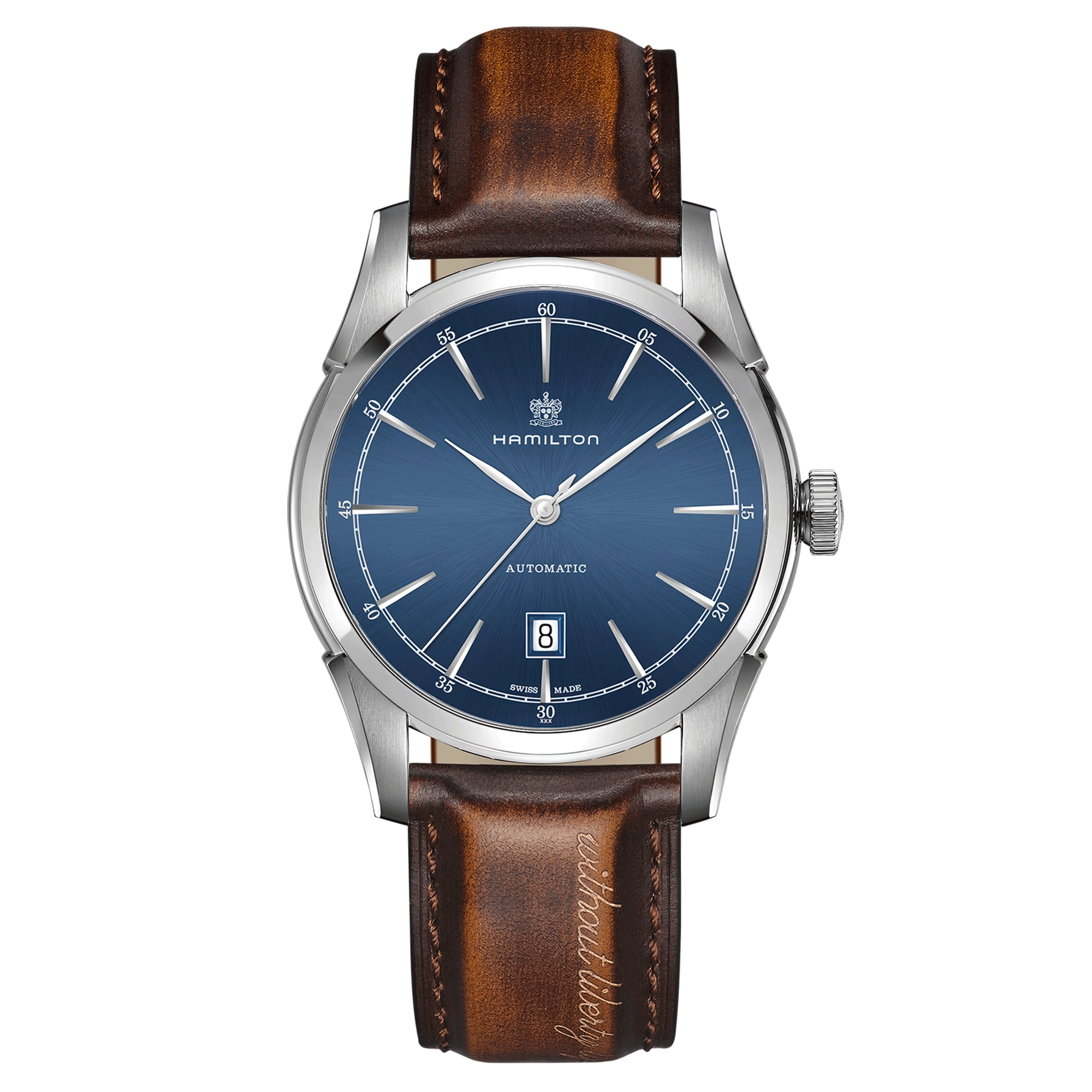 Hamilton American Classic automatic watch blue dial brown leather strap 42 mm