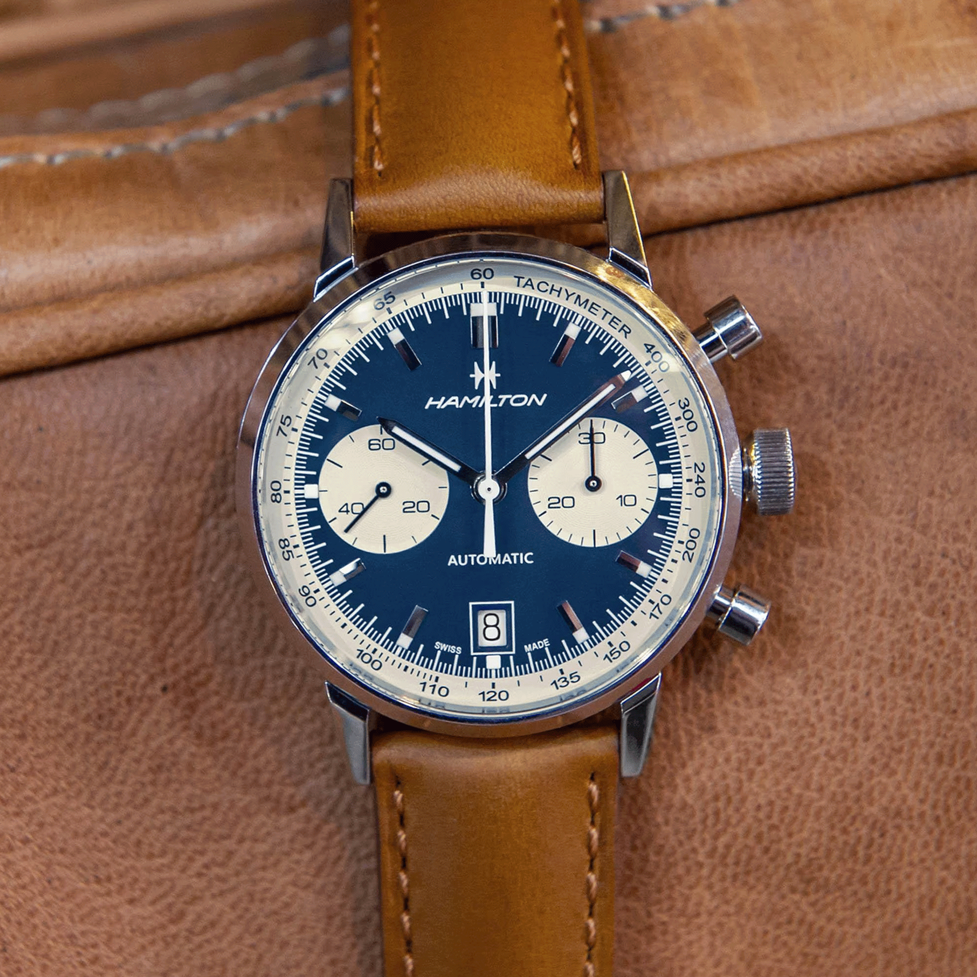 Watch Hamilton American Classic Intra-Matic Auto Chrono blue dial brown leather strap 40 mm
