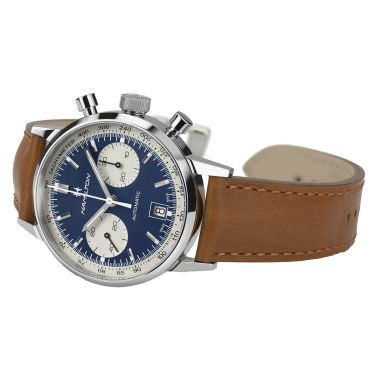 Watch Hamilton American Classic Intra-Matic Auto Chrono blue dial brown leather strap 40 mm