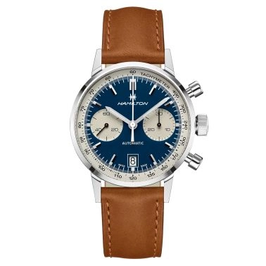 Watch Hamilton American Classic Intra-Matic Auto Chrono blue dial brown leather strap 40 mm