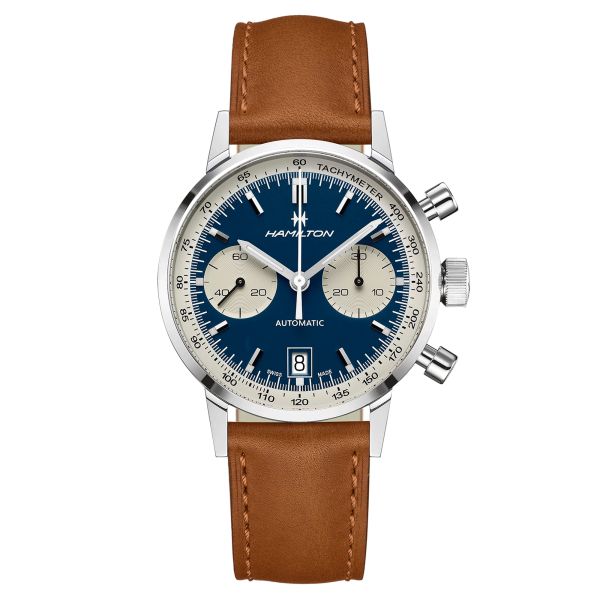 Watch Hamilton American Classic Intra-Matic Auto Chrono blue dial brown leather strap 40 mm