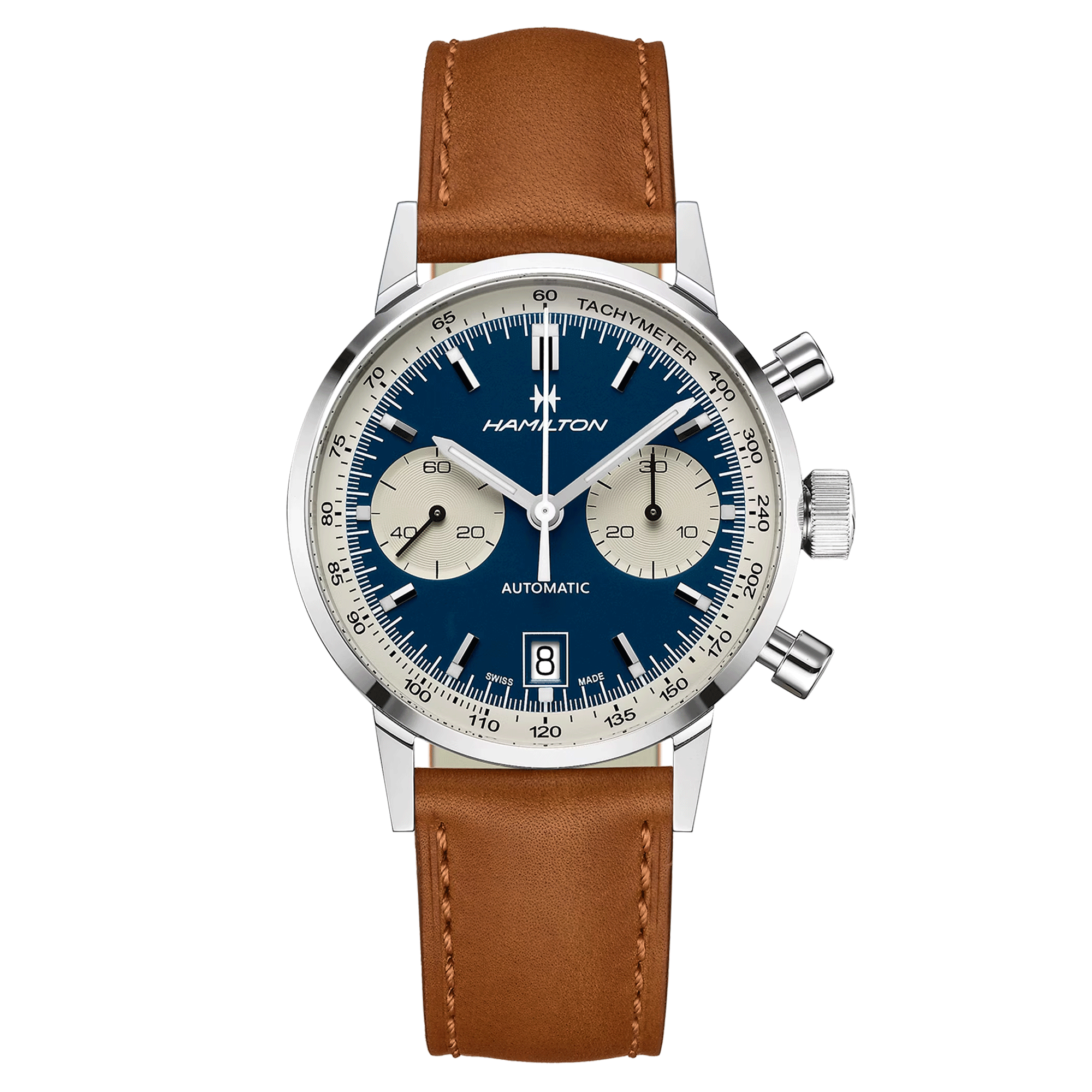 Montre Hamilton American Classic Intra-Matic Auto Chrono cadran bleu bracelet cuir brun 40 mm H38416541
