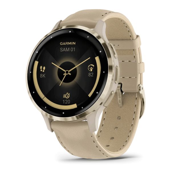 Montre connectée Garmin Venu 3S Soft Gold bracelet cuir lin 41 mm 010-02785-55