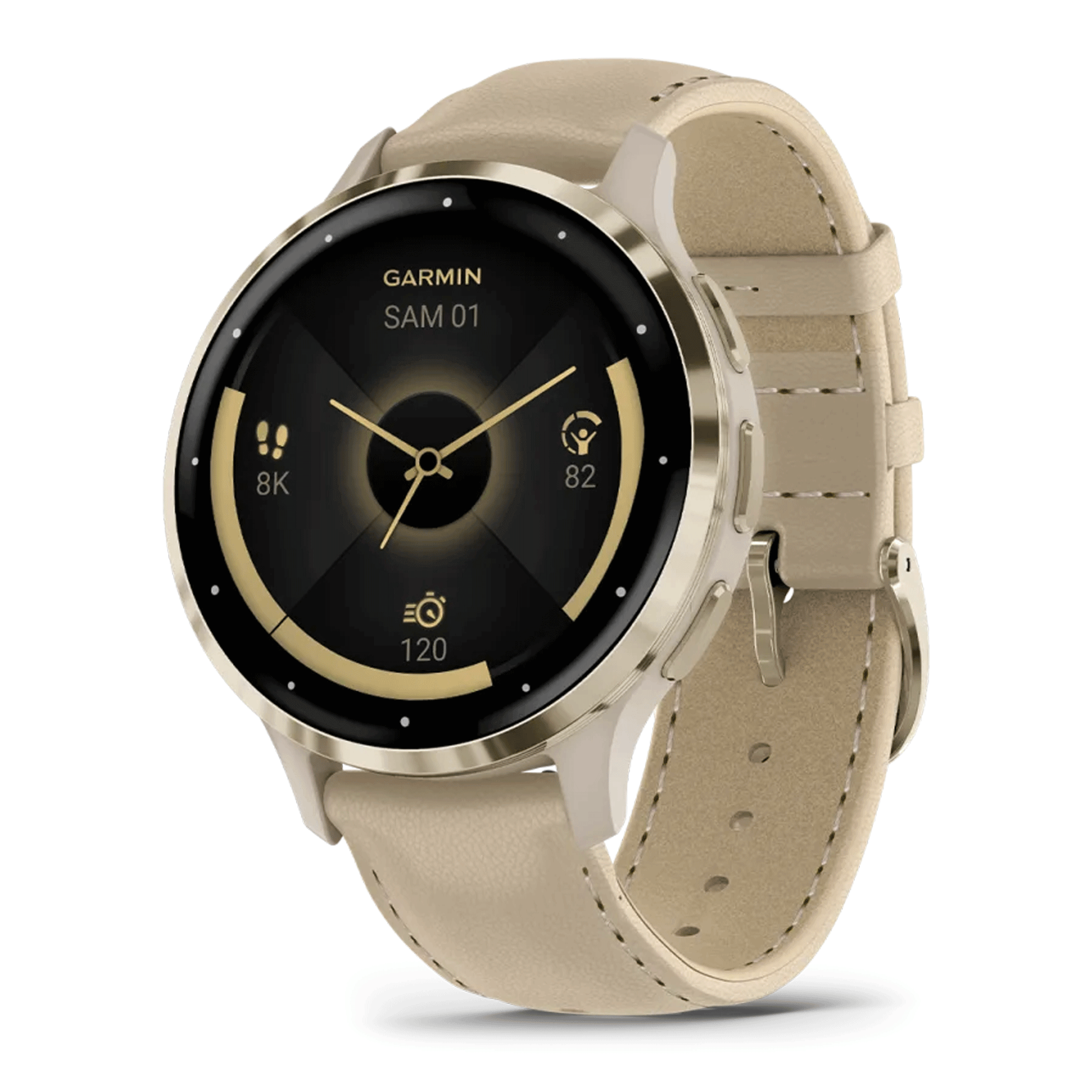 Montre connectée Garmin Venu 3S Soft Gold bracelet cuir lin 41 mm 010-02785-55