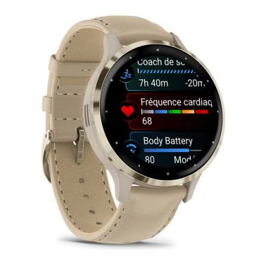 Montre connectée Garmin Venu 3S Soft Gold bracelet cuir lin 41 mm 010-02785-55