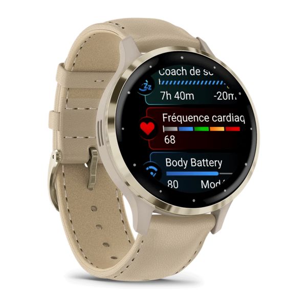 Montre connectée Garmin Venu 3S Soft Gold bracelet cuir lin 41 mm 010-02785-55
