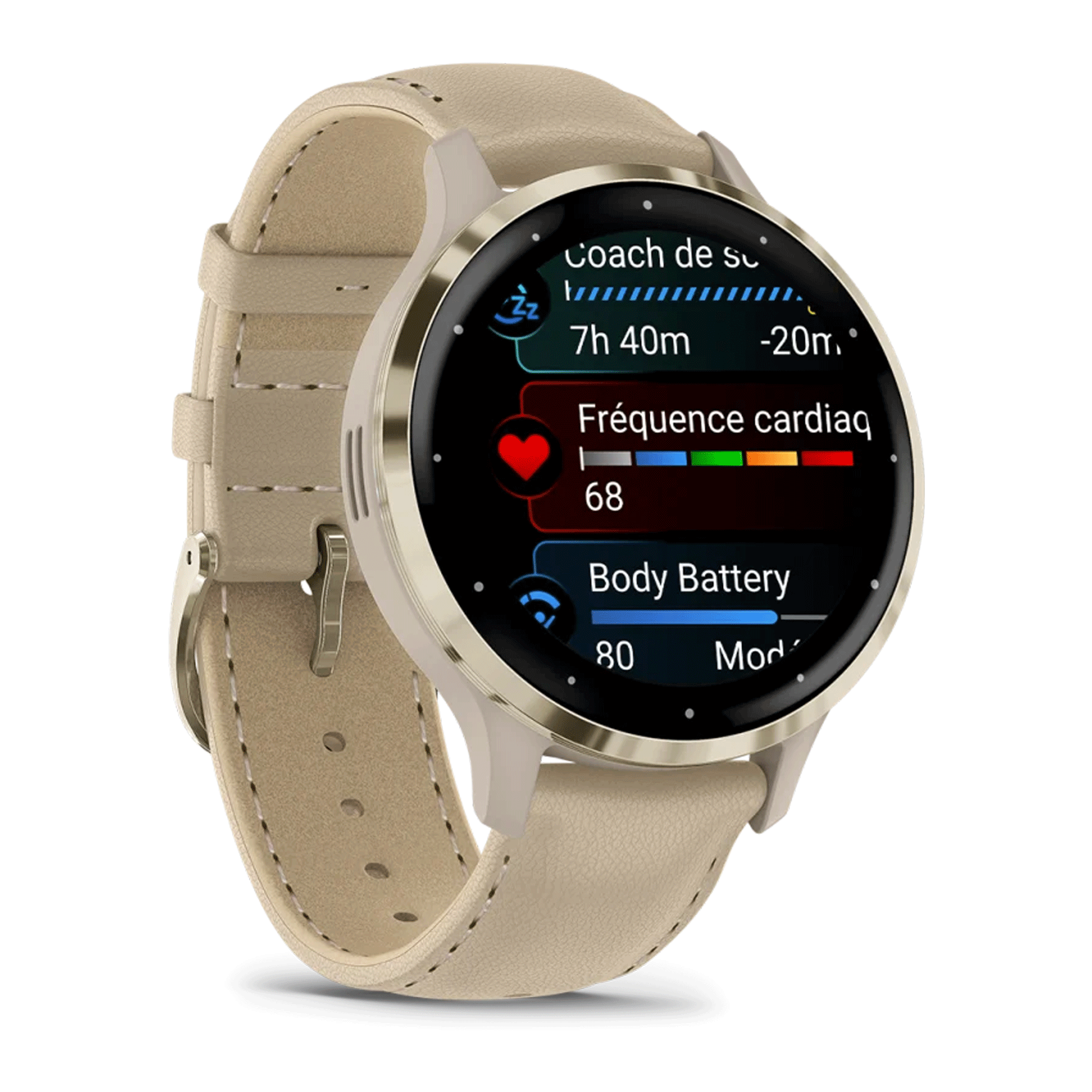 Montre connectée Garmin Venu 3S Soft Gold bracelet cuir lin 41 mm 010-02785-55