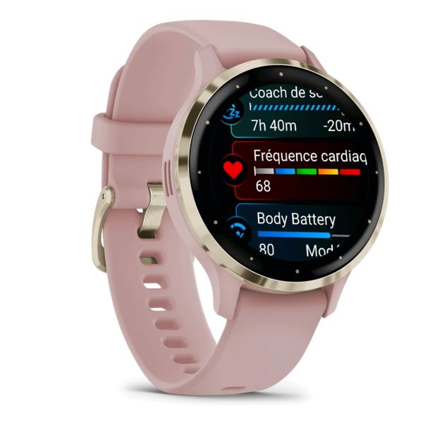 Montre connectée Garmin Venu 3S Soft Gold bracelet silicone rose 41 mm 010-02785-03