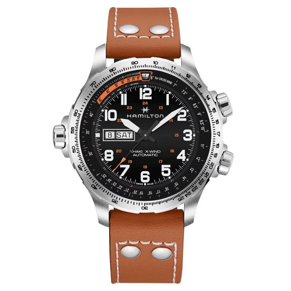 Montre Hamilton Khaki Aviation X-Wind Day Date cadran noir bracelet cuir marron 45 mm H77755533