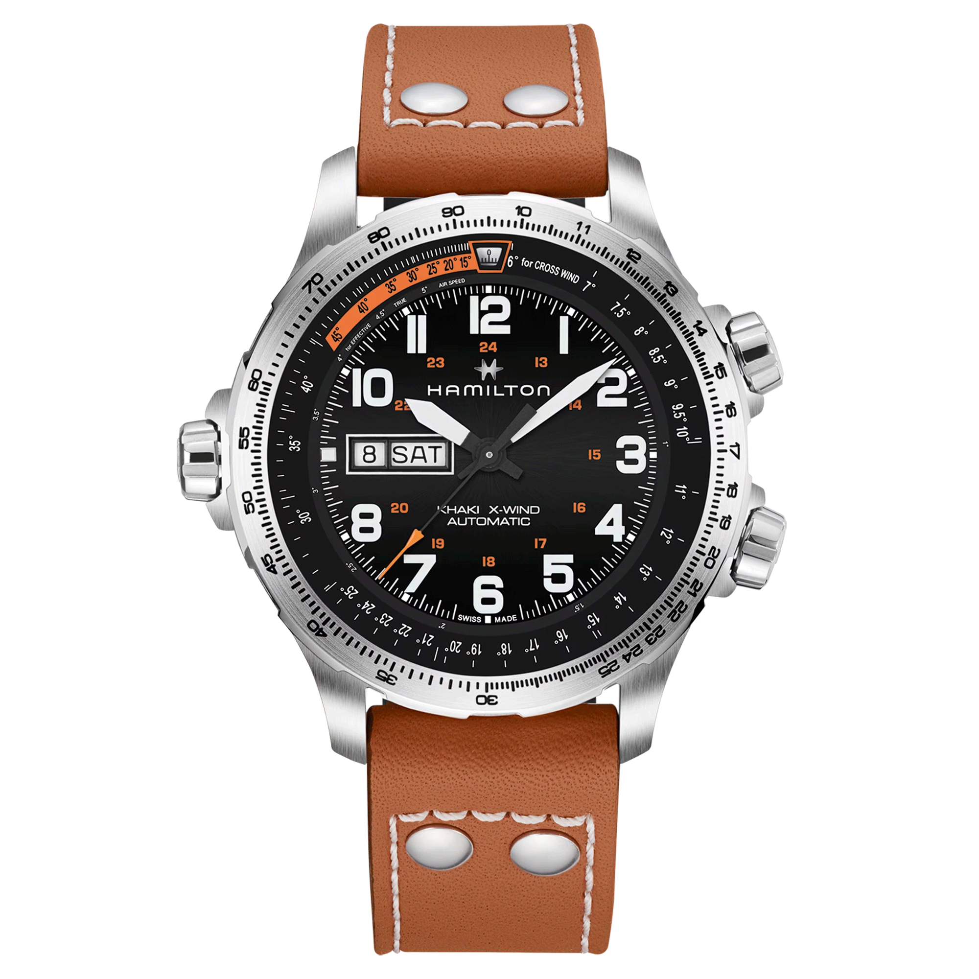 Montre Hamilton Khaki Aviation X-Wind Day Date cadran noir bracelet cuir marron 45 mm H77755533