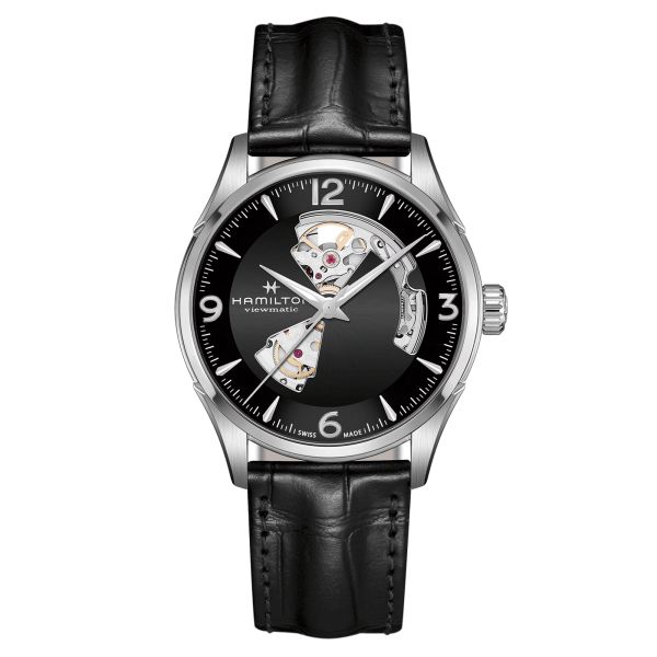 Montre Hamilton Jazzmaster Open Heart automatique cadran noir bracelet cuir noir 42 mm H32705731