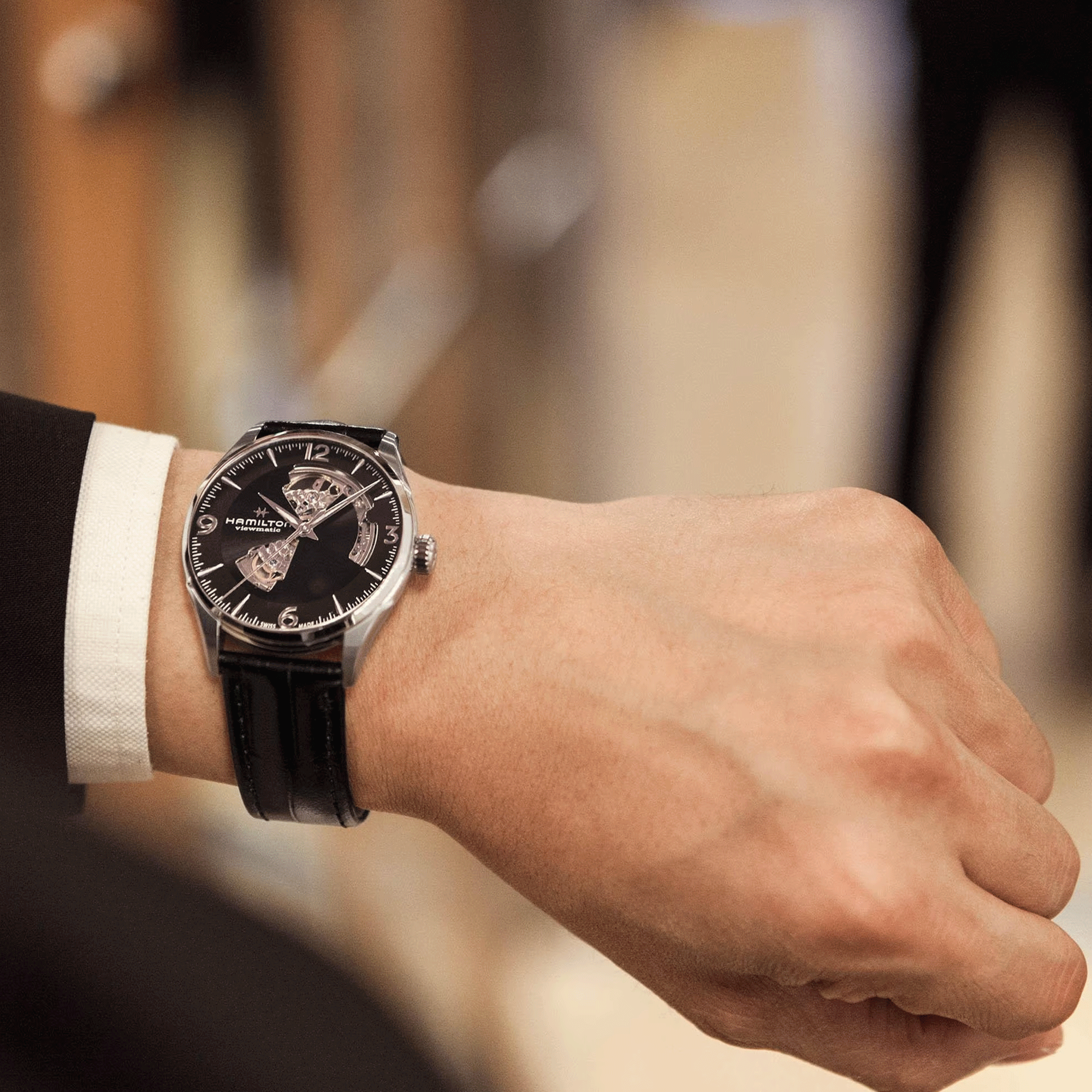 Hamilton Jazzmaster Open Heart automatic watch black dial black leather strap 42 mm