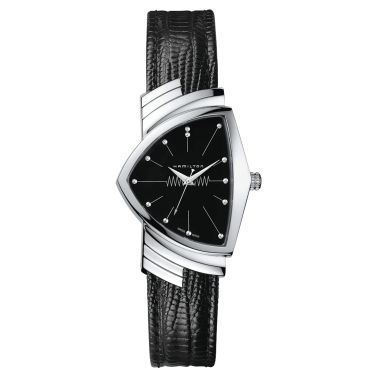Hamilton Ventura Classic L quartz watch black dial black lizard-style cowhide strap