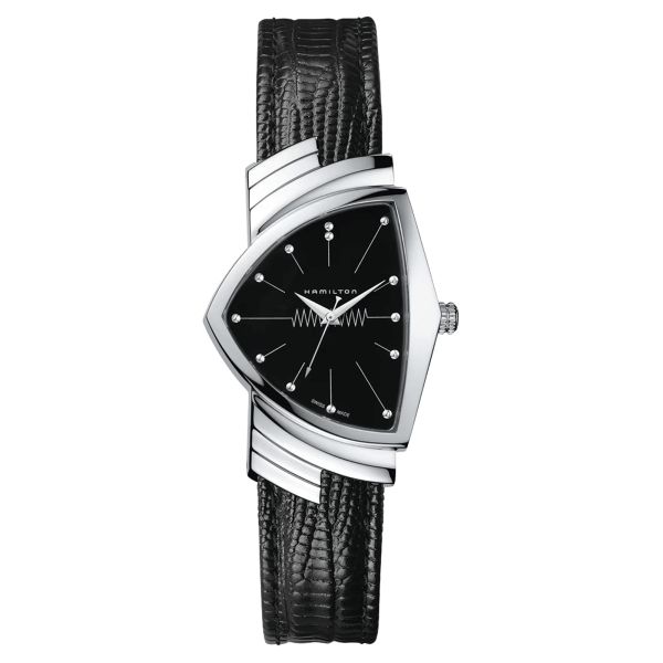 Montre Hamilton Ventura Classic L quartz cadran noir bracelet cuir de vachette façon lézard noir H24411732