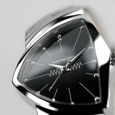 Montre Hamilton Ventura Classic L quartz cadran noir bracelet cuir de vachette façon lézard noir H24411732