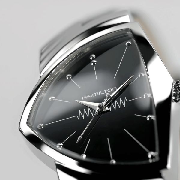 Montre Hamilton Ventura Classic L quartz cadran noir bracelet cuir de vachette façon lézard noir H24411732