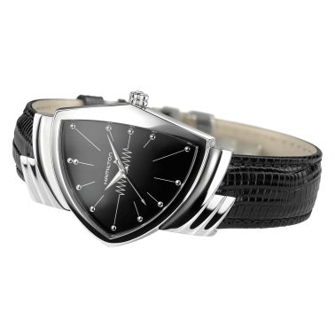 Montre Hamilton Ventura Classic L quartz cadran noir bracelet cuir de vachette façon lézard noir H24411732