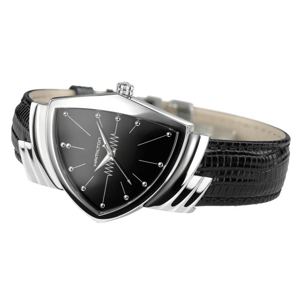 Montre Hamilton Ventura Classic L quartz cadran noir bracelet cuir de vachette façon lézard noir H24411732