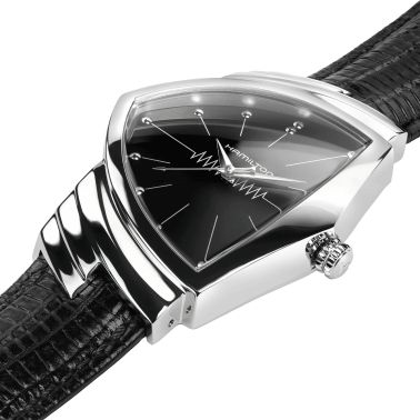 Montre Hamilton Ventura Classic L quartz cadran noir bracelet cuir de vachette façon lézard noir H24411732