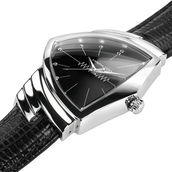 Montre Hamilton Ventura Classic L quartz cadran noir bracelet cuir de vachette façon lézard noir H24411732