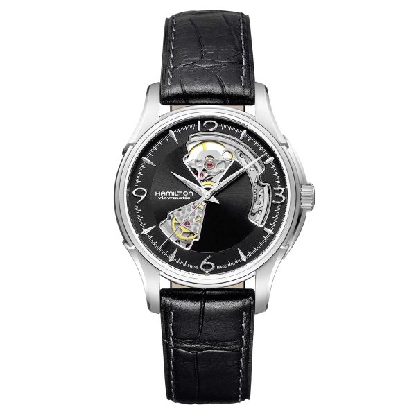 Montre Hamilton Jazzmaster Open Heart cadran noir bracelet cuir façon croco noir 40 mm H32565735