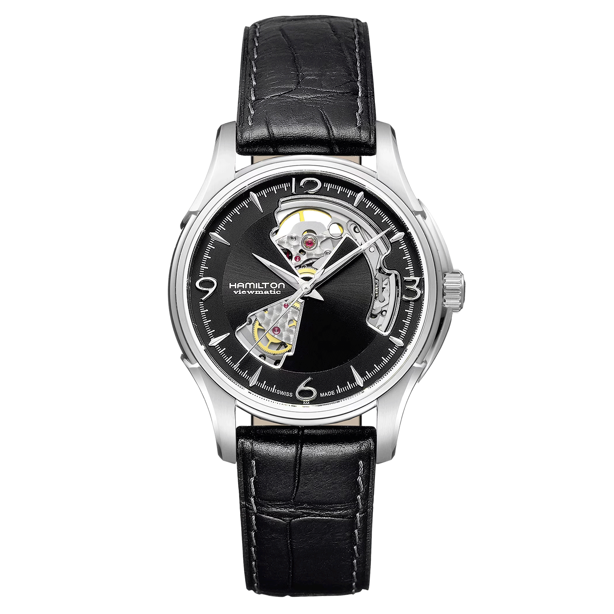 Montre Hamilton Jazzmaster Open Heart cadran noir bracelet cuir façon croco noir 40 mm
