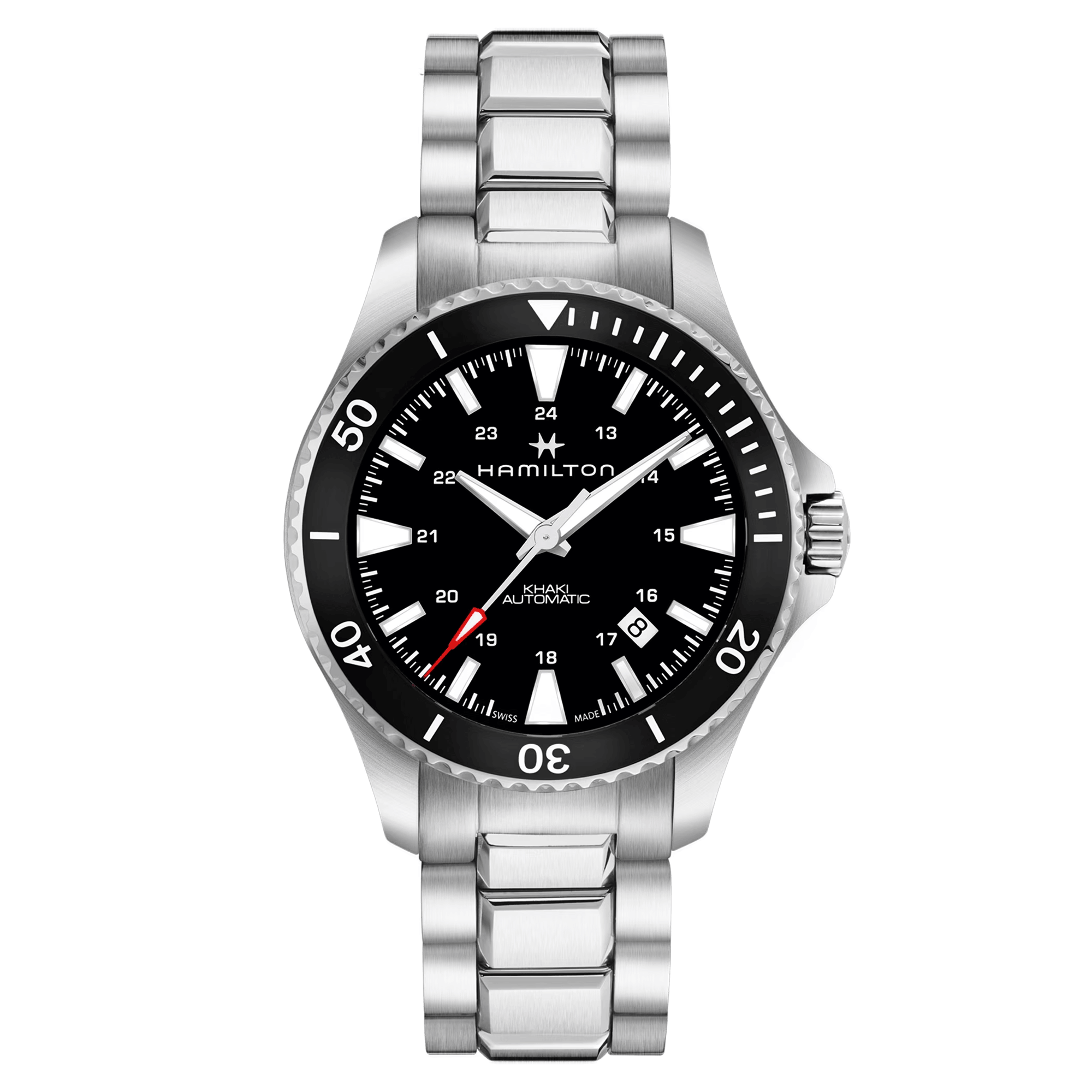 Montre Hamilton Khaki Navy Scuba cadran noir lunette noire bracelet acier 40 mm