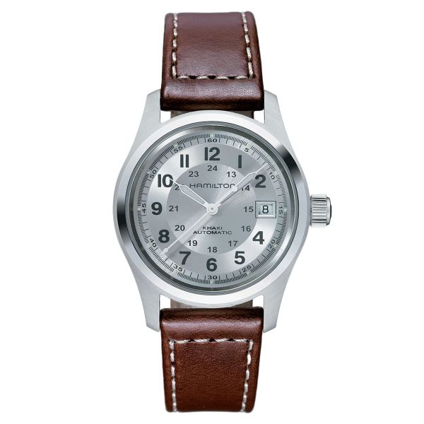 Hamilton Khaki Field automatic watch silver dial brown leather strap 38 mm