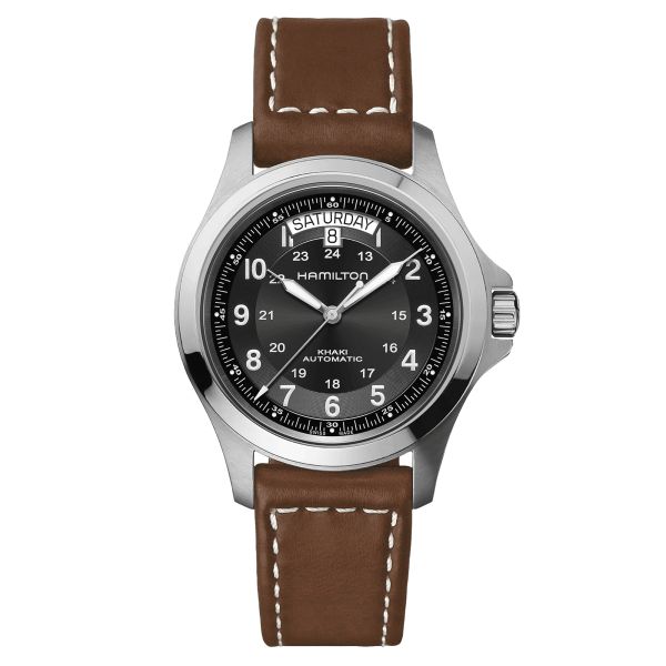 Hamilton Khaki Field automatic watch black dial brown leather strap 40 mm