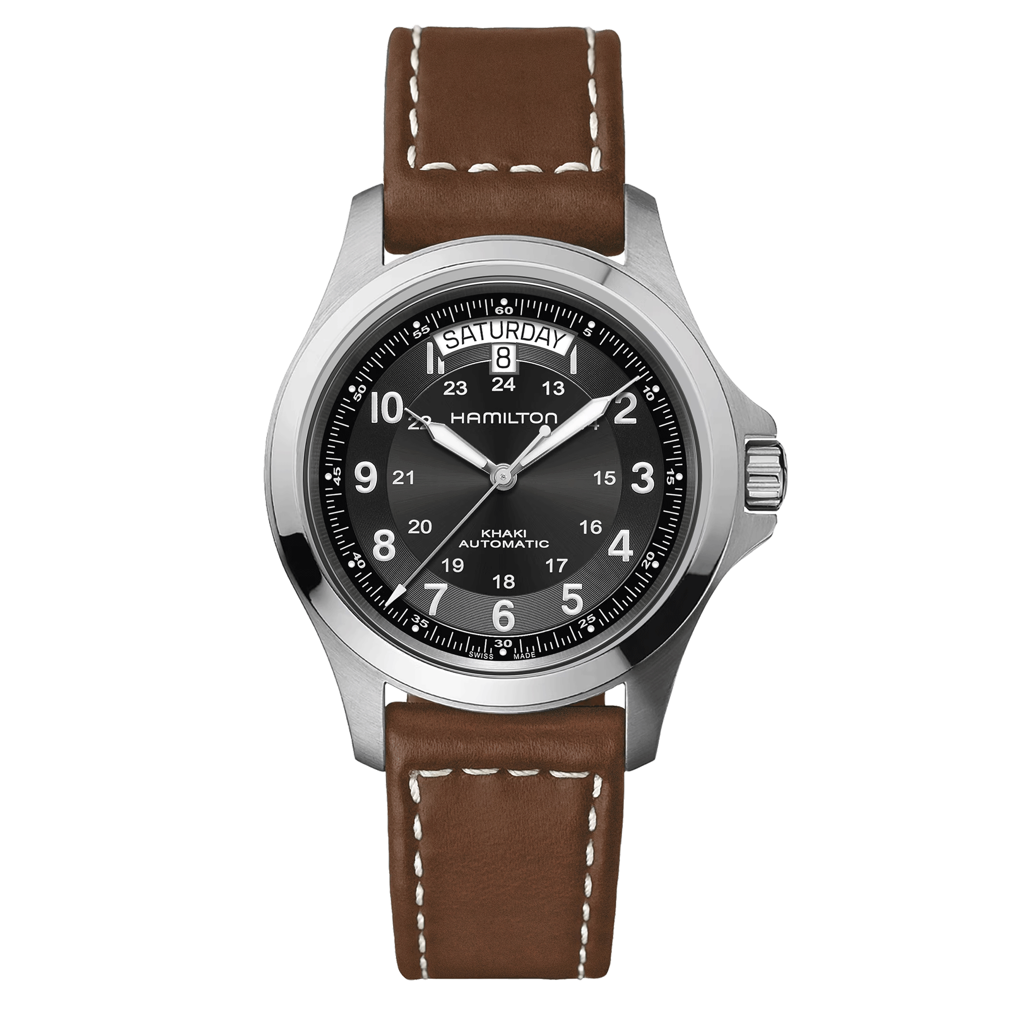 Montre Hamilton Khaki Field automatique cadran noir bracelet cuir brun 40 mm H64455533