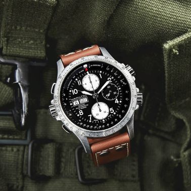 Hamilton Khaki Aviation X-Wind automatic watch black dial brown leather strap 44 mm