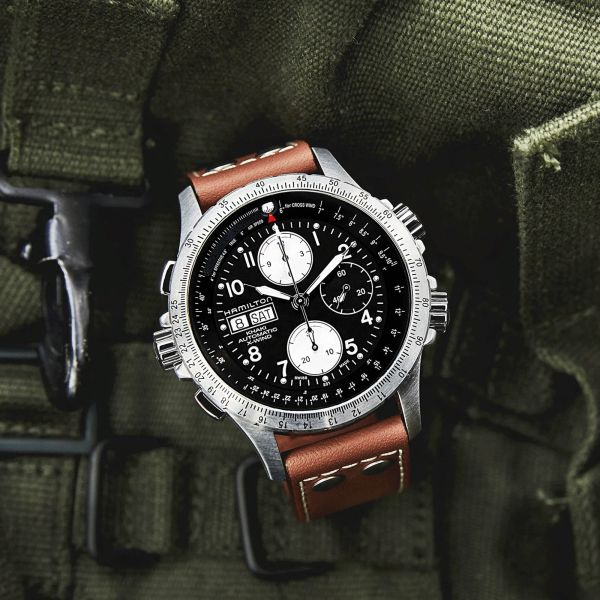 Hamilton Khaki Aviation X-Wind automatic watch black dial brown leather strap 44 mm