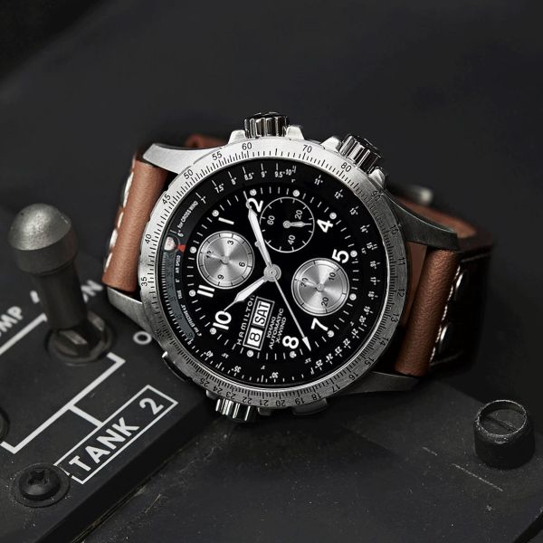 Hamilton Khaki Aviation X-Wind automatic watch black dial brown leather strap 44 mm