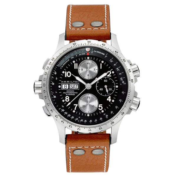 Montre Hamilton Khaki Aviation X-Wind automatique cadran noir bracelet cuir marron 44 mm H77616533