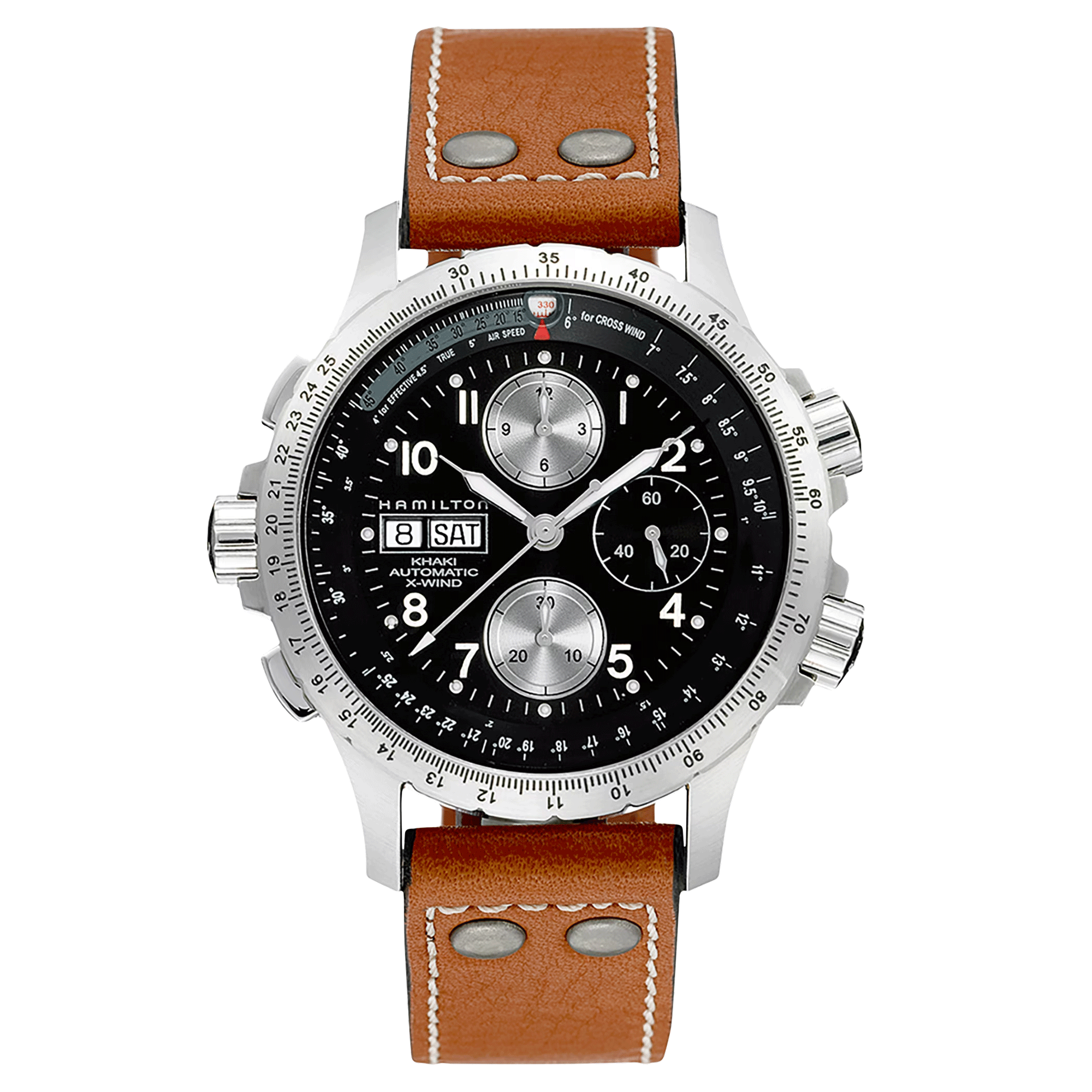 Hamilton Khaki Aviation X-Wind automatic watch black dial brown leather strap 44 mm