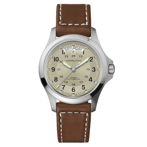 Montre Hamilton Khaki Field King automatique cadran beige bracelet cuir brun 40 mm H64455523