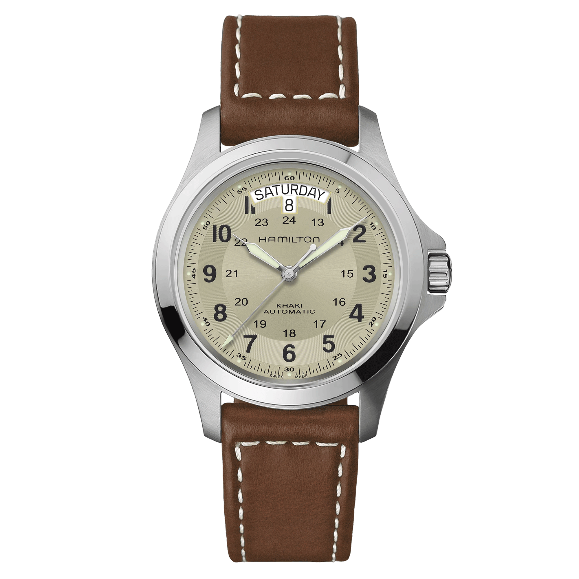 Montre Hamilton Khaki Field King automatique cadran beige bracelet cuir brun 40 mm H64455523