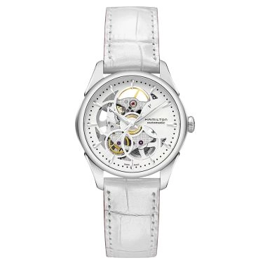 Montre Hamilton Jazzmaster Viewmatic Skeleton Lady cadran squeletté bracelet cuir blanc 36 mm H32405811