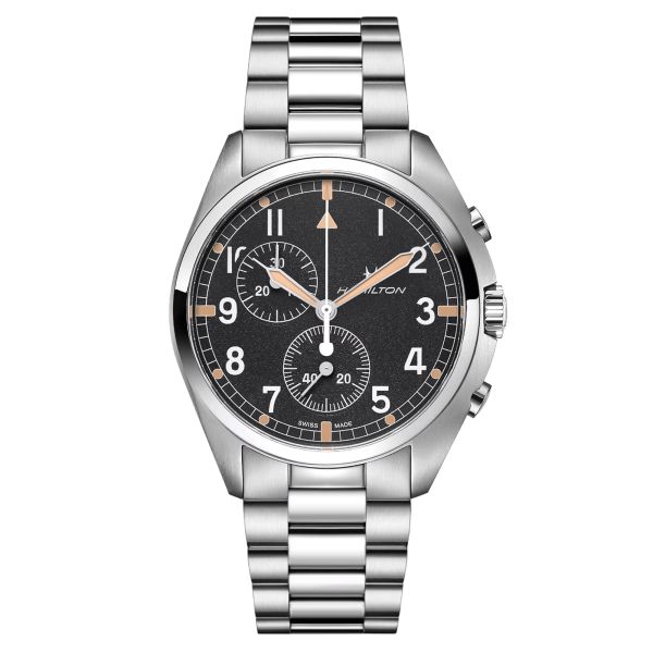 Hamilton Khaki Pilot Pioneer quartz chronograph watch black dial steel bracelet 41 mm